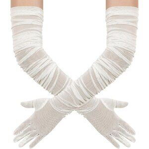 Women's Lvory Stretchy Tulle Spandex Mesh Sheer Satin Long Gloves Party Prom